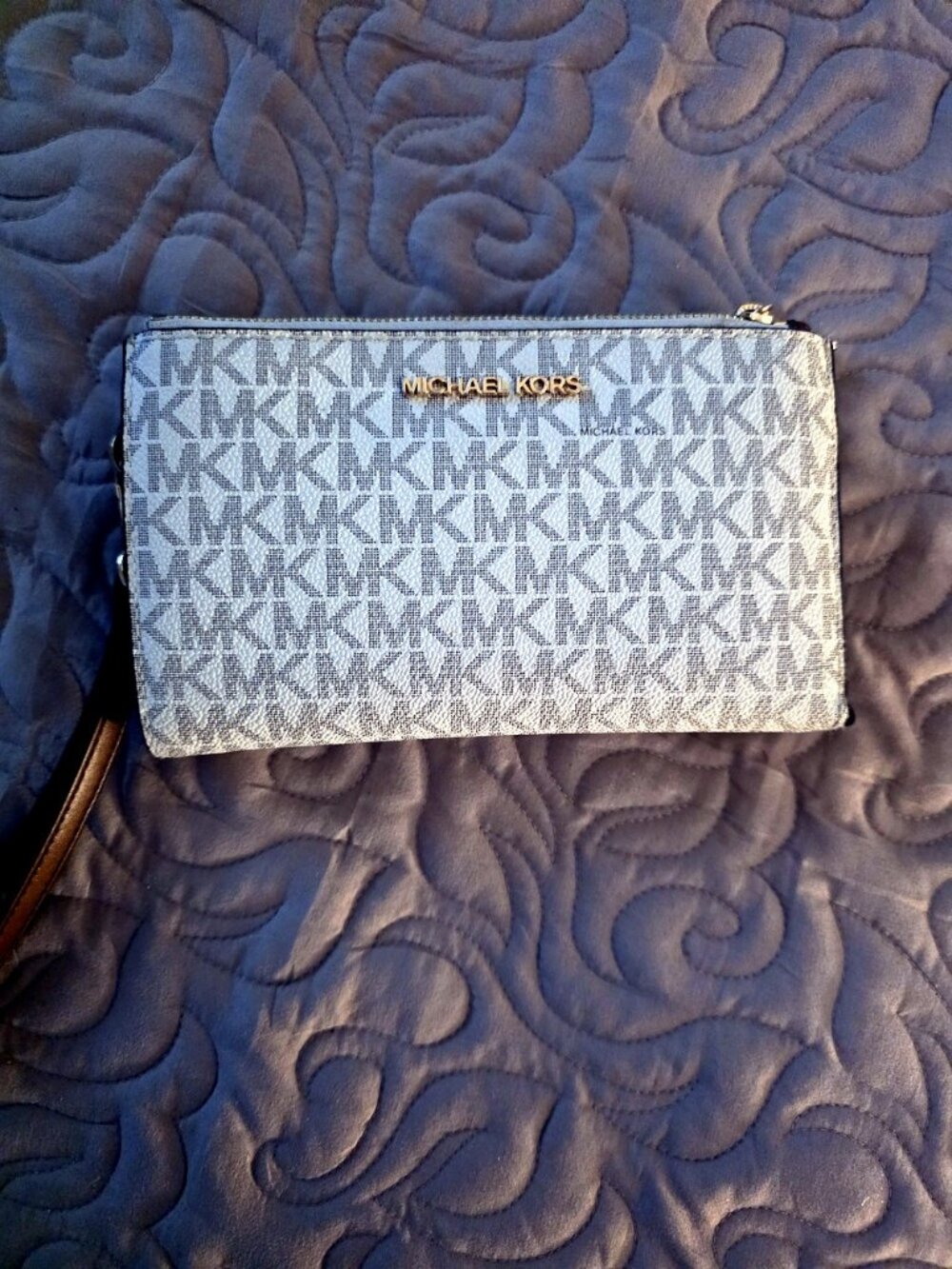Michael Kors MK Logo Wristlet Clutch, Beige Taupe Monogram, Gold Hardware